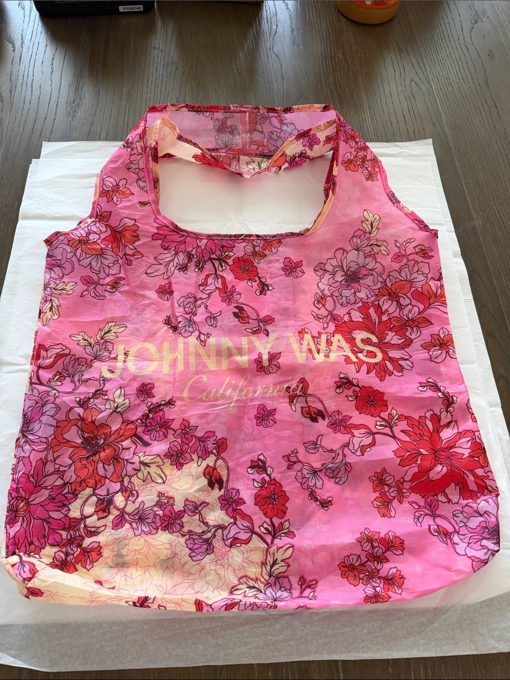 Johnny Was Pink Floral Packable Tote with Gold Logo